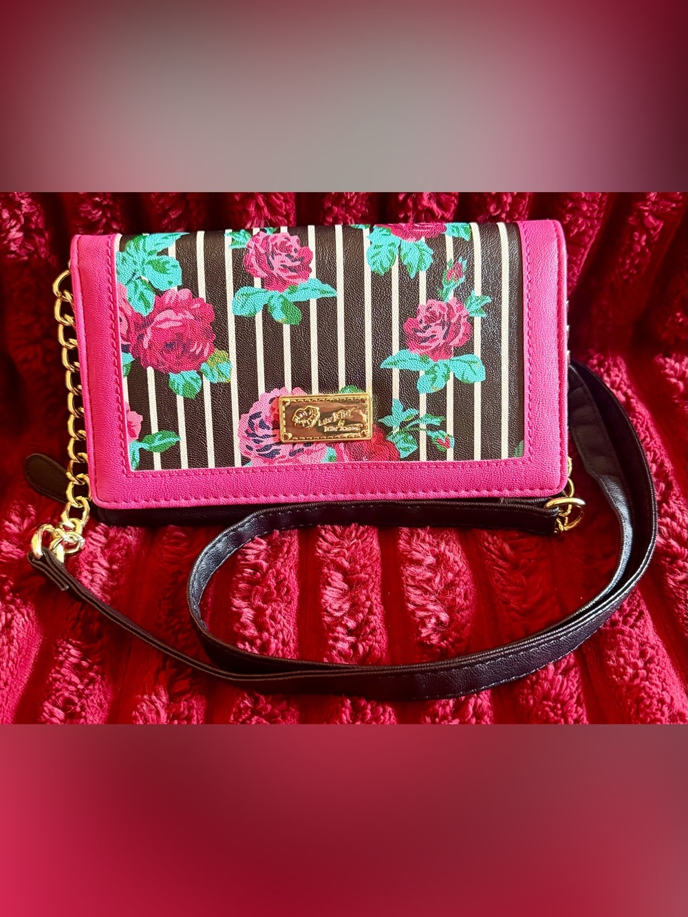 Luv Betsey By Betsey Johnson Floral Stripe Clutch with Pink Trim